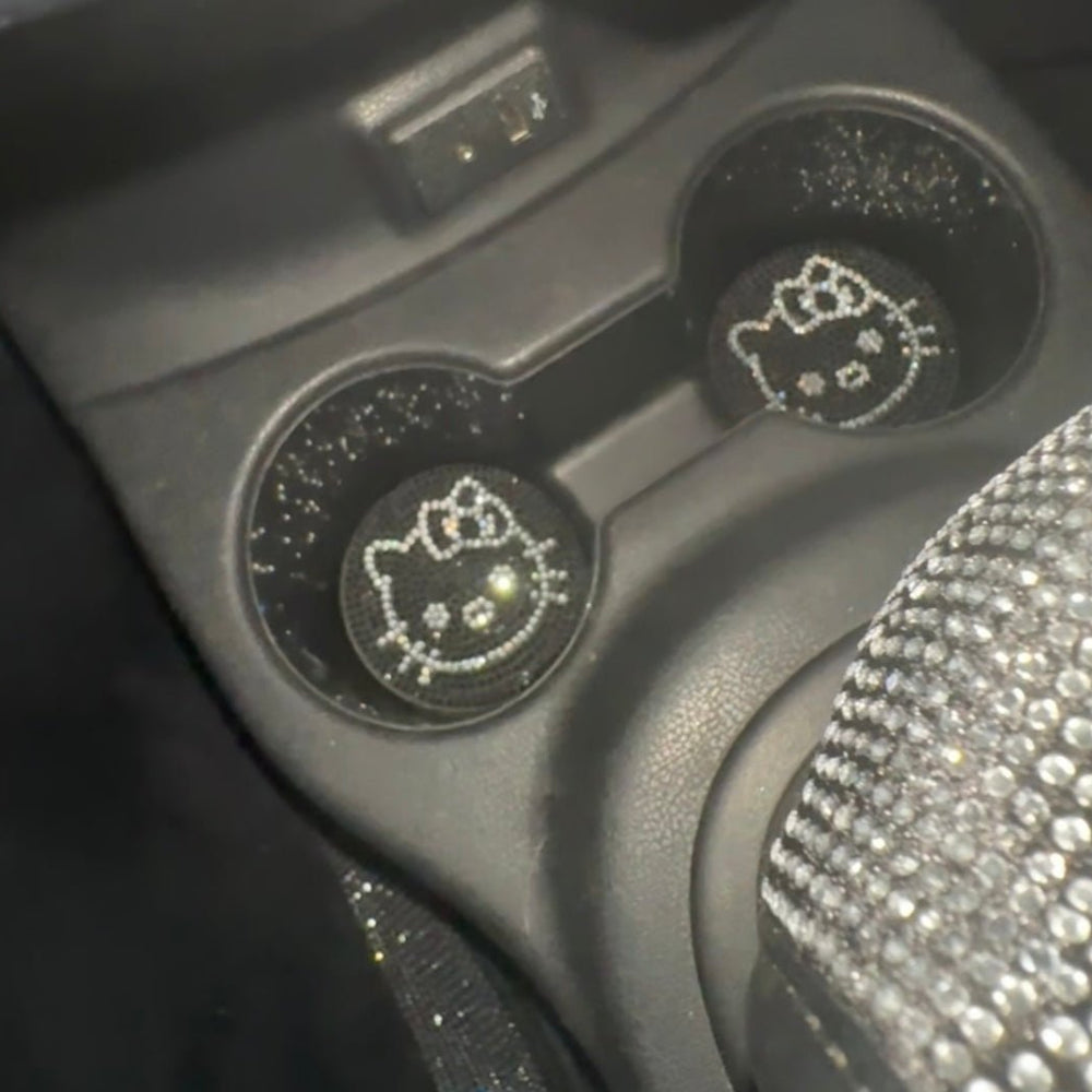 2PCS BLING CAR CUP HOLDER COASTER, 2.75 INCH ANTI - SLIP SHOCKPROOF UNIVERSAL FASHION VEHICLE CAR COASTERS INSERT BLING CRYSTAL RHINESTONE AUTO AUTOMOTIVE INTERIOR ACCESSORIES BLACK CAT - Fashion Car Inc