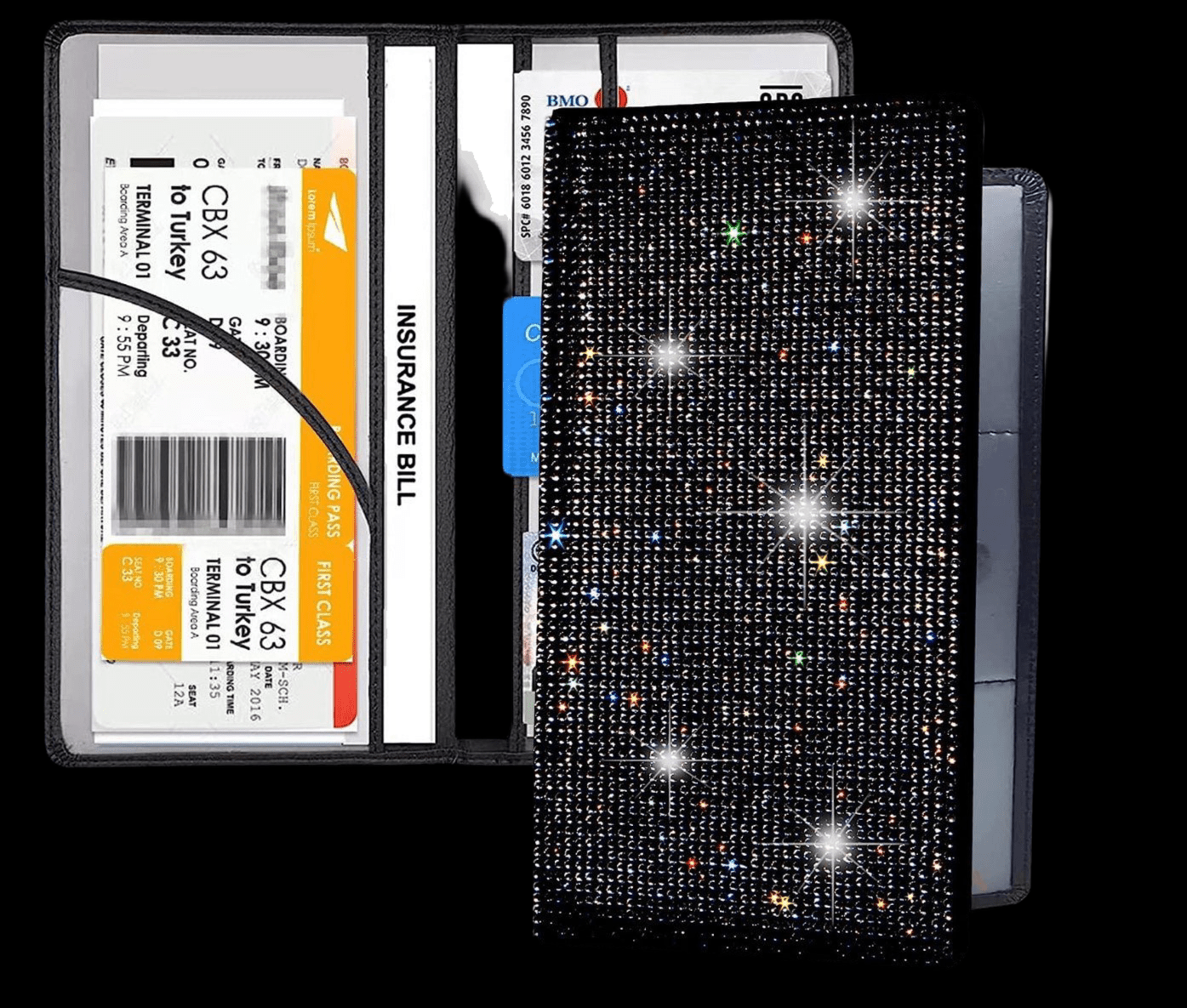 Bing Rhinestone Car Registration and Insurance Document Holder, Glitter card holder, Lether Vehicle Accessories Car Essentials Glove Box Organizer Wallet Case Black - Fashion Car ®