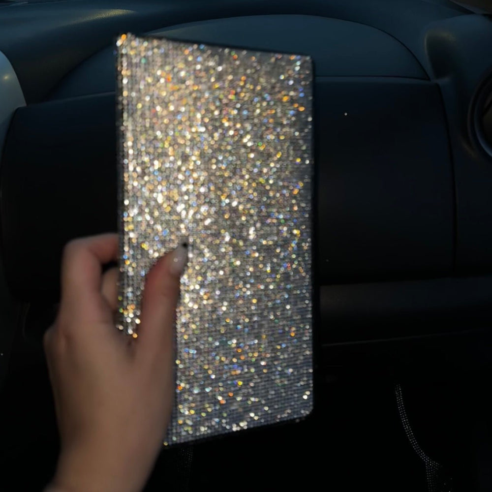 BING RHINESTONE CAR REGISTRATION AND INSURANCE DOCUMENT HOLDER, GLITTER CARD HOLDER, LETHER VEHICLE ACCESSORIES CAR ESSENTIALS GLOVE BOX ORGANIZER WALLET CASE SILVER - Fashion Car Inc