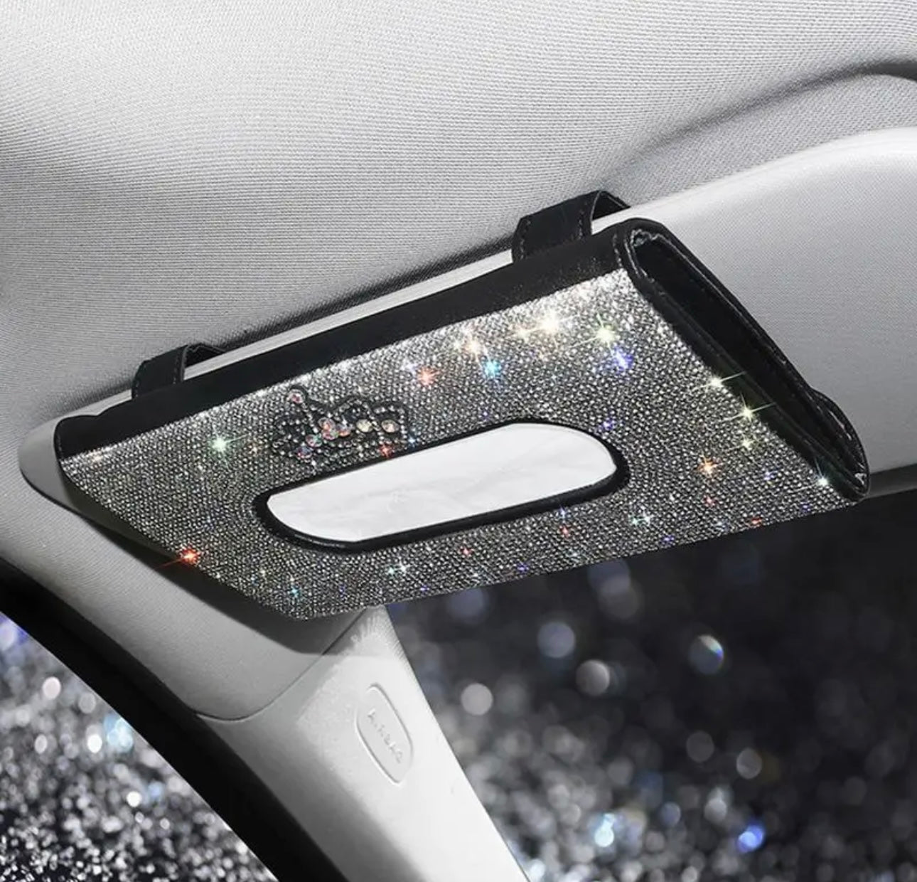 BLING BLING CAR SUN VISOR TISSUE BOX HOLDER, LEATHER CRYSTALS AUTO INTERIOR ACCESSORIES PAPER TOWEL CROWN SILVER - Fashion Car Inc