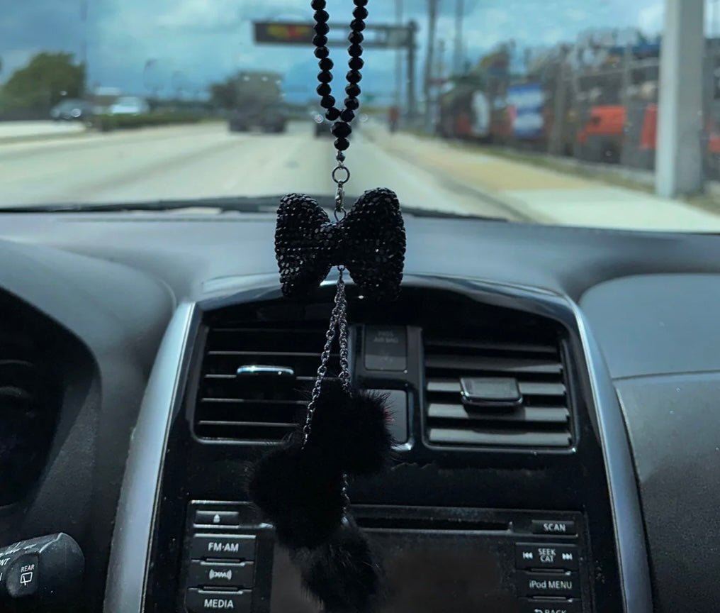 GLSOWEE Bling Car Rear View Mirror Charm - Sparkly Heart & Plush Ball Pendant For Women (Purple) - View #9
