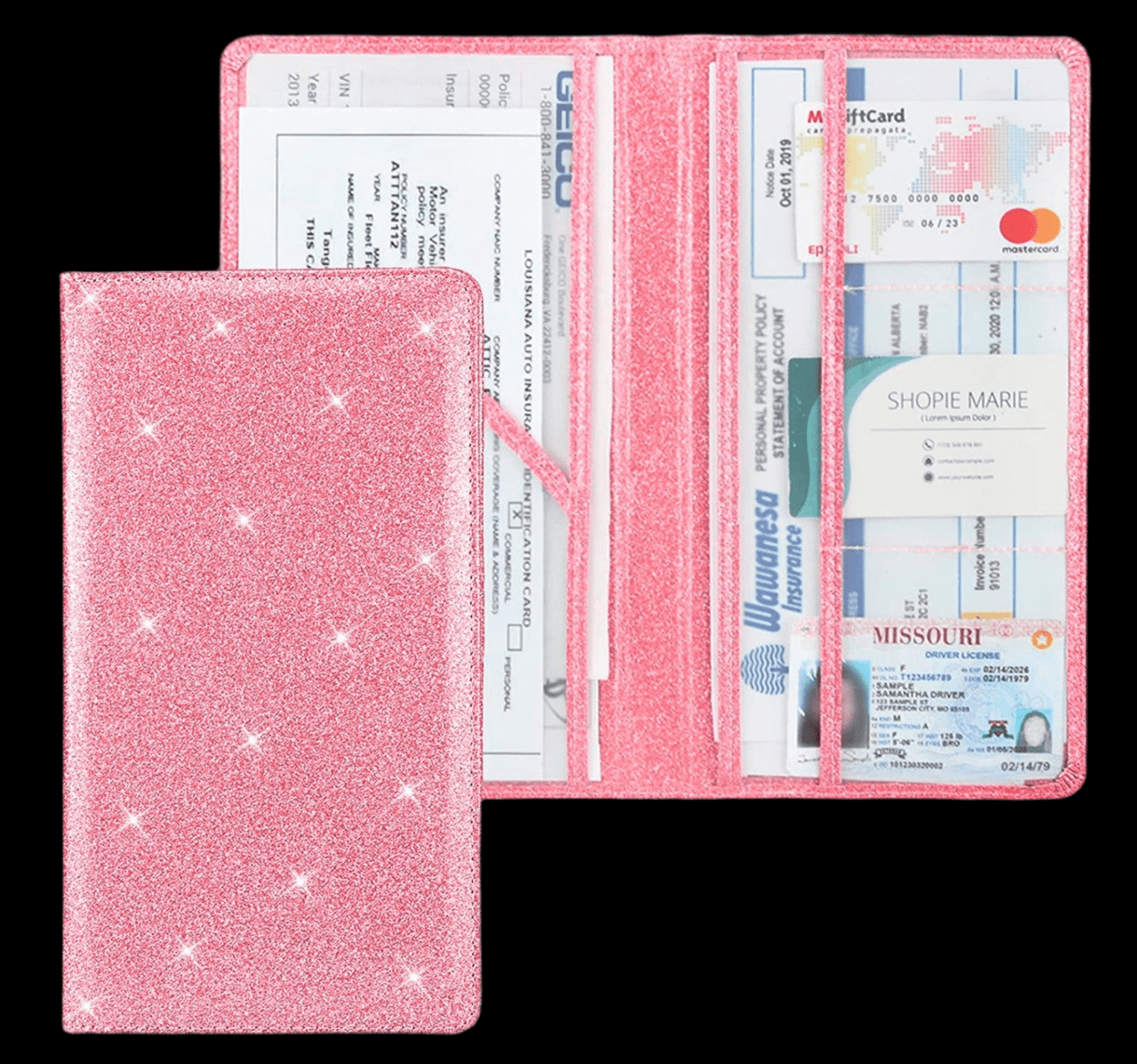 Bling Car Registration and Insurance Holder,Sparkling Vehicle Card Document Magnetic Closure Glove Box Organizer, Bling Car Accessories for Essential Info, Driver License Cards* - Fashion Car ®