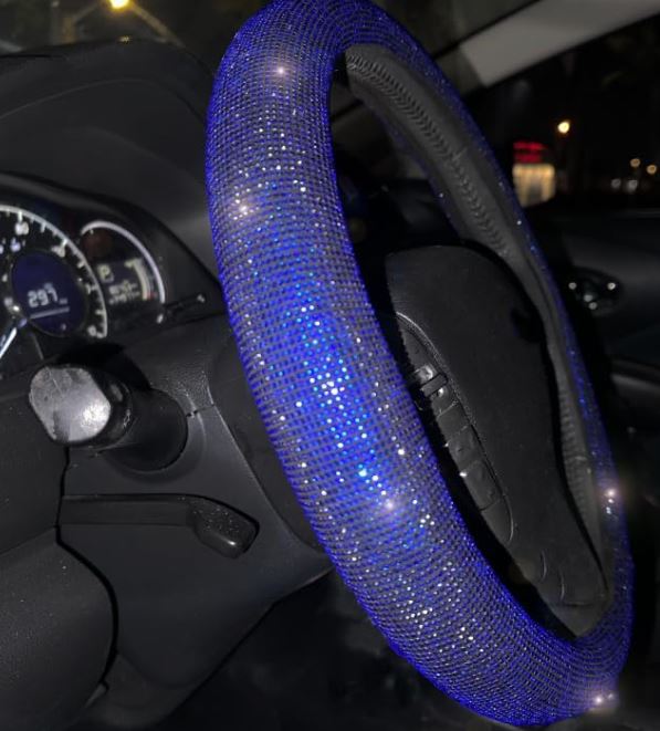 Bling Steering Wheel Cover for Women Girls 15 Inch Universal Colorful Crystal Rhinestone Diamond Rainbow Bling Accessories Anti Slip Wheel Protector Sparkling Blue - Fashion Car ®