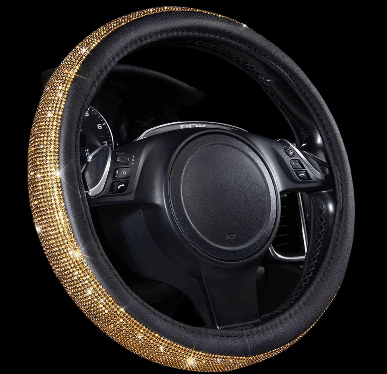Diamond Leather Steering Wheel Cover for Women Girls, with Bling Crystal Rhinestones, Universal (Gold Diamonds) - Fashion Car ®
