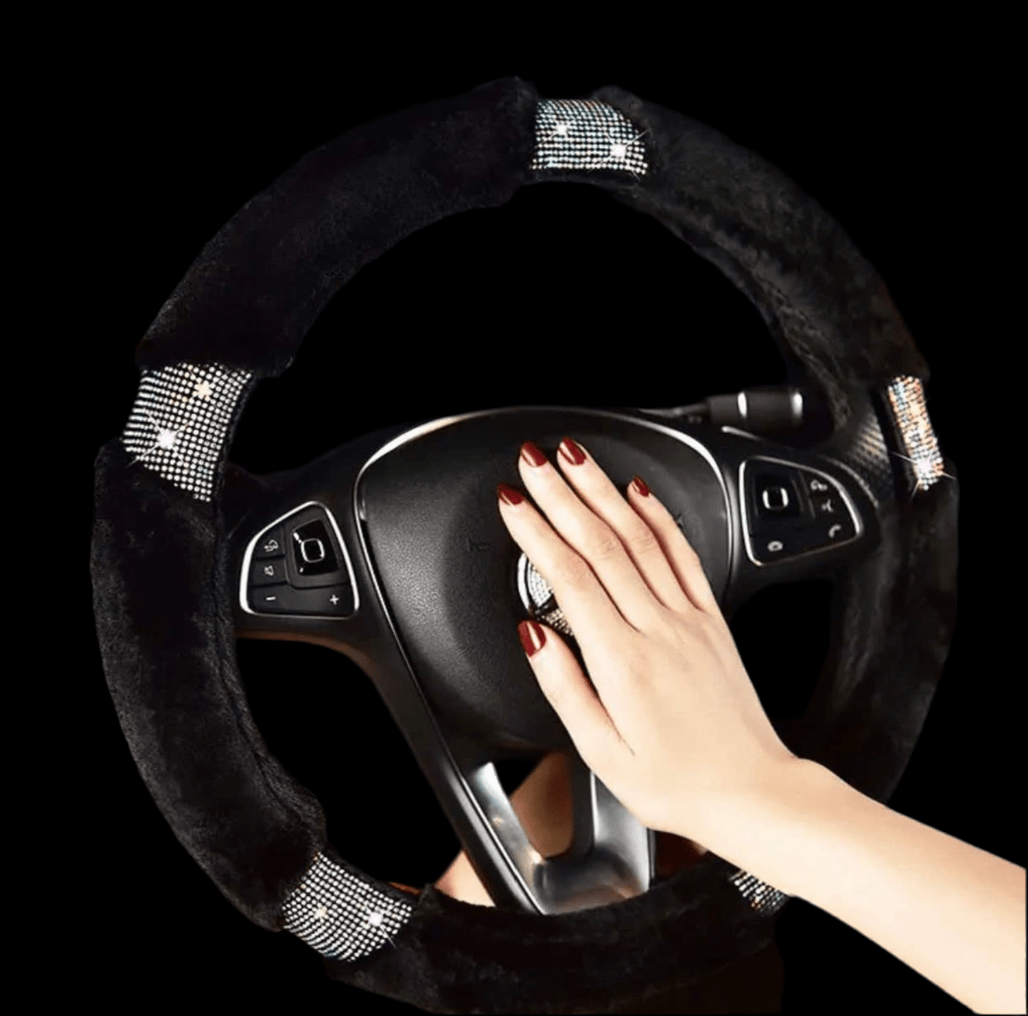 Diamond Short Fluffy Microfiber Plush Steering Wheel Cover with Bling Bling Crystal Rhinestones for Winter Warm, Universal 15 inch Anti - Slip Black - Fashion Car ®