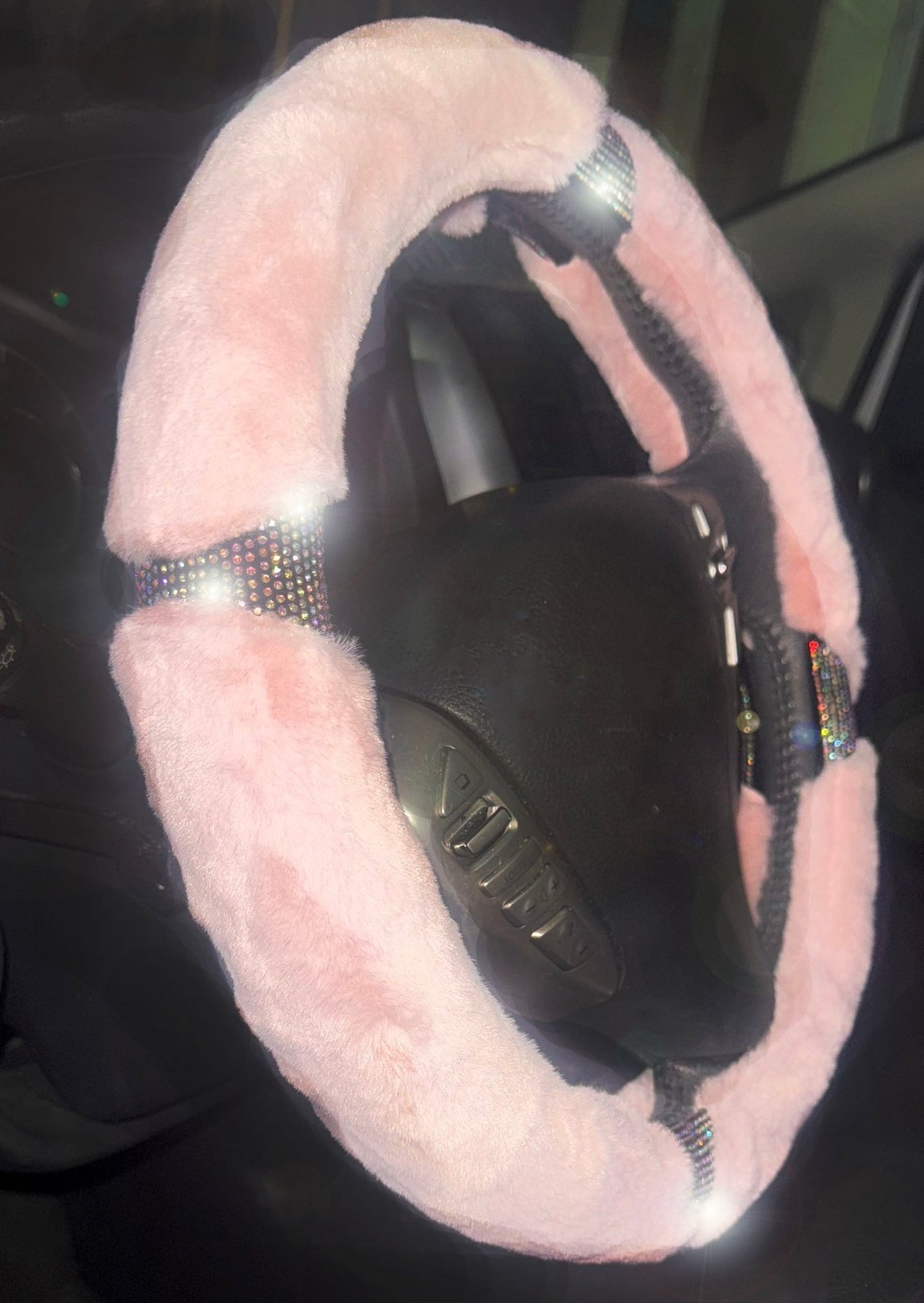 Diamond Short Fluffy Microfiber Plush Steering Wheel Cover with Bling Bling Crystal Rhinestones for Winter Warm, Universal 15 inch Anti - Slip (Pink) - Fashion Car ®