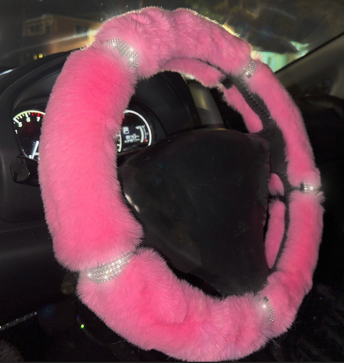 Diamond Short Fluffy Microfiber Plush Steering Wheel Cover with Bling Bling Crystal Rhinestones for Winter Warm, Universal 15 inch Anti-Slip (Pink Girly) - Fashion Car Inc