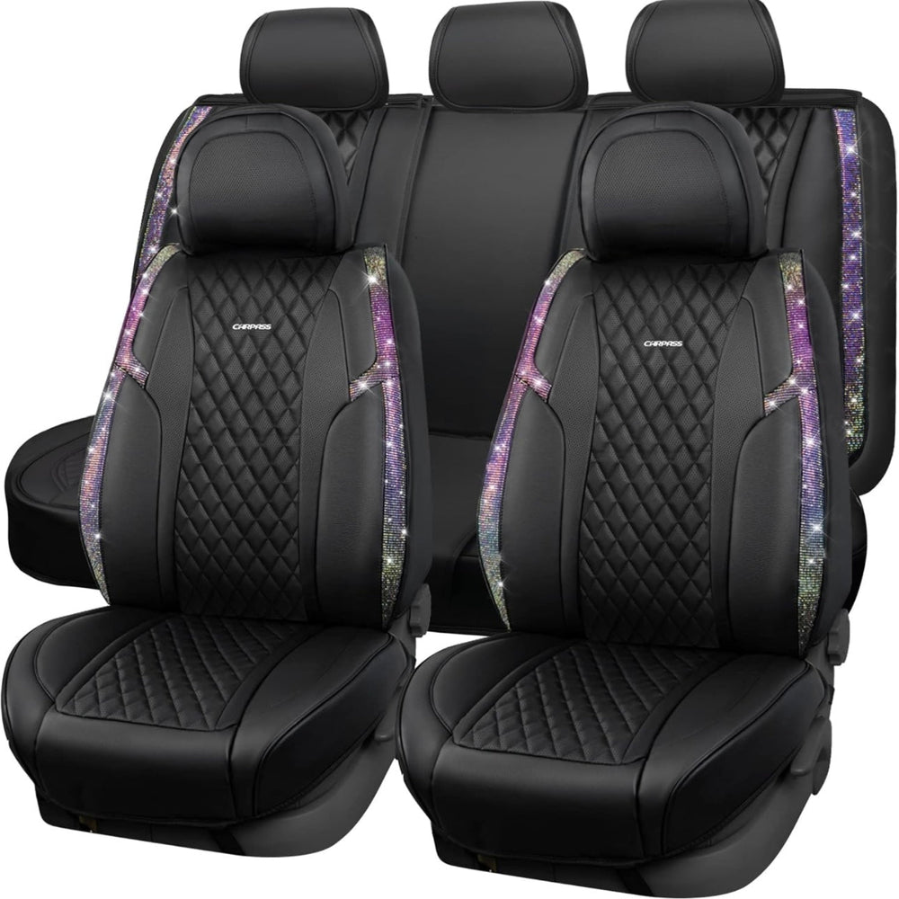 FULL CAR LEATHER BLING DIAMOND SEAT COVERS FULL SEATS, WATERPROOF HEAVY - DUTY ANTI - SLIP, UNIVERSAL CAR, TRUCK, GLITTER SPARKLE (MULTICOLOR RHINESTONE LEATHER) - Fashion Car ®