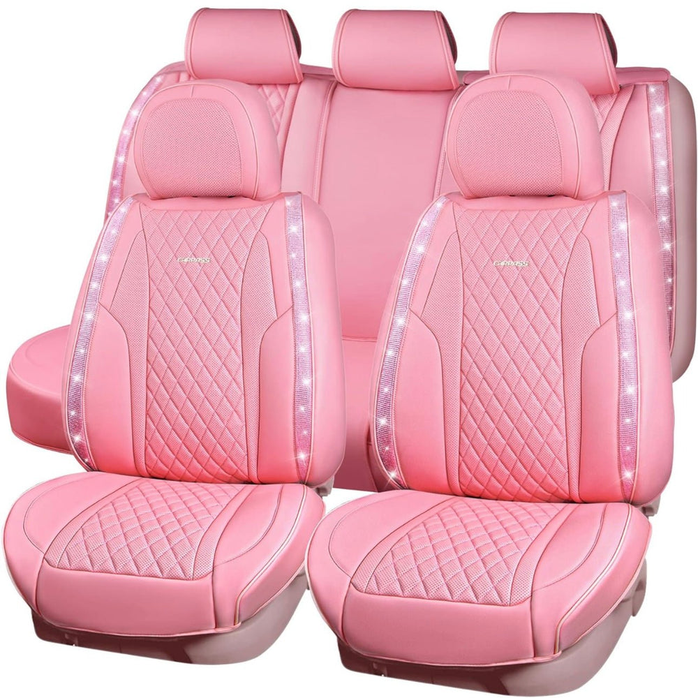 Full Car Leather Bling Diamond Seat Covers Full Seats, Waterproof Heavy - Duty Anti - Slip, Universal Car, Truck, Glitter Sparkle (Pink Rhinestone Leather) - Fashion Car ®