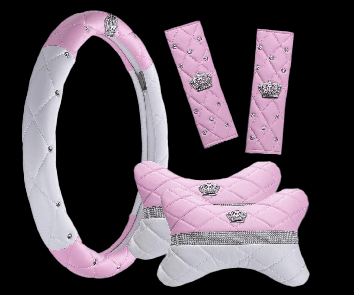 Luxury Litchi Soft Leather Crystal Steering Wheel Cover, with Premium Bling Bling Diamond 15 inch (pink)+2 Pack Car Neck Pillow +2 Pack Car Safety Belt Cover Pads) - Fashion Car ®