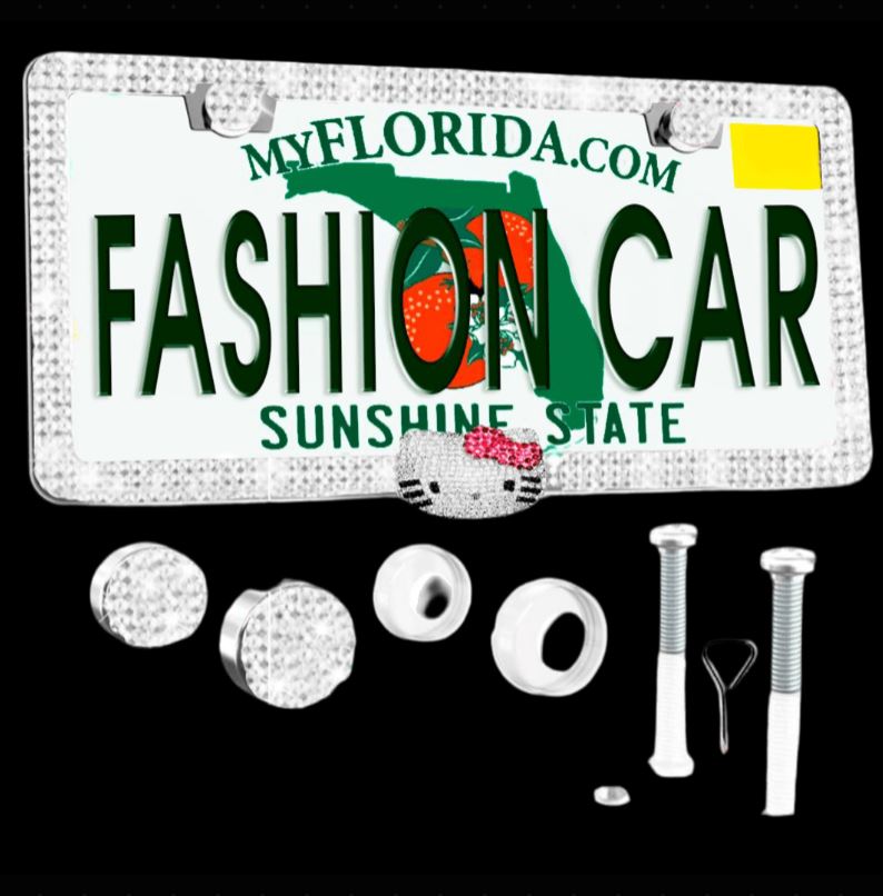LUXURY SILVER LICENSE PLATE FRAME DIAMONDS ULTRA BLING PINK CAT - Fashion Car ®