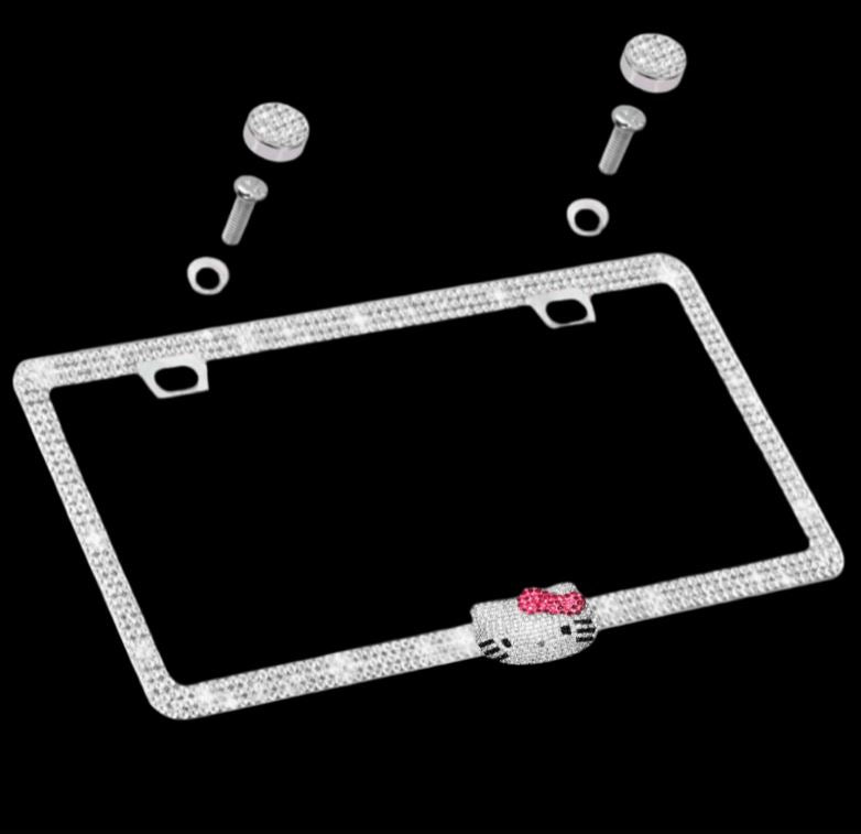 LUXURY SILVER LICENSE PLATE FRAME DIAMONDS ULTRA BLING PINK CAT - Fashion Car ®