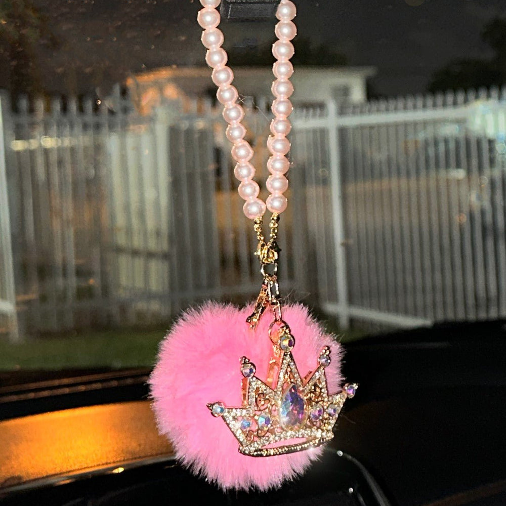 Pink Bling Car Rear View Mirror Crown Hanging Accessories for Women, Rhinestone Diamond Bowknot, Imitation Pearl and Plush Ball Car Rearview Mirror Charms, Lucky Ornament Pendant - Fashion Car Inc
