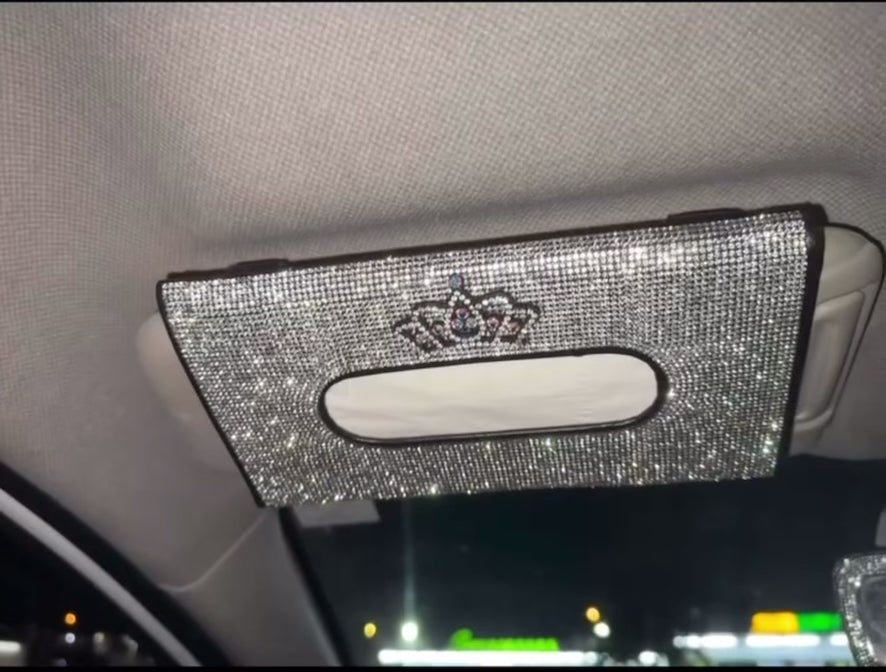 BLING BLING CAR SUN VISOR TISSUE BOX HOLDER, LEATHER CRYSTALS AUTO INTERIOR ACCESSORIES PAPER TOWEL CROWN SILVER