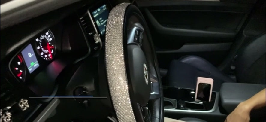 Diamond Leather Steering Wheel Cover with Bling Bling Crystal Rhinestones, Universal Fit 15 Inch Car Wheel Protector for Women , Silver