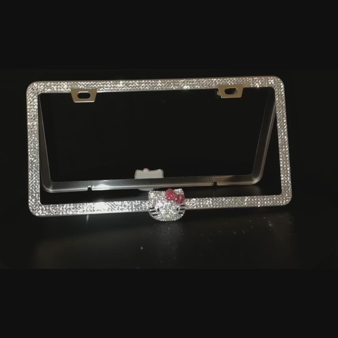 LUXURY SILVER LICENSE PLATE FRAME DIAMONDS ULTRA BLING PINK CAT