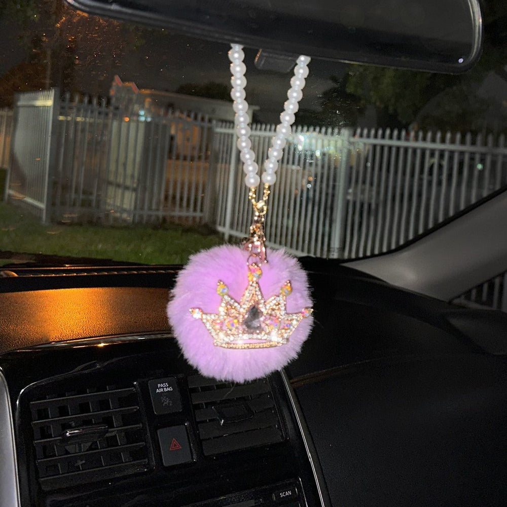 Purple Crown Bling Car Rear View Mirror Hanging Accessories for Women, Rhinestone Diamond Bowknot, Imitation Pearl and Plush Ball Car Rearview Mirror Charms, Lucky Ornament Pendan - Fashion Car Inc