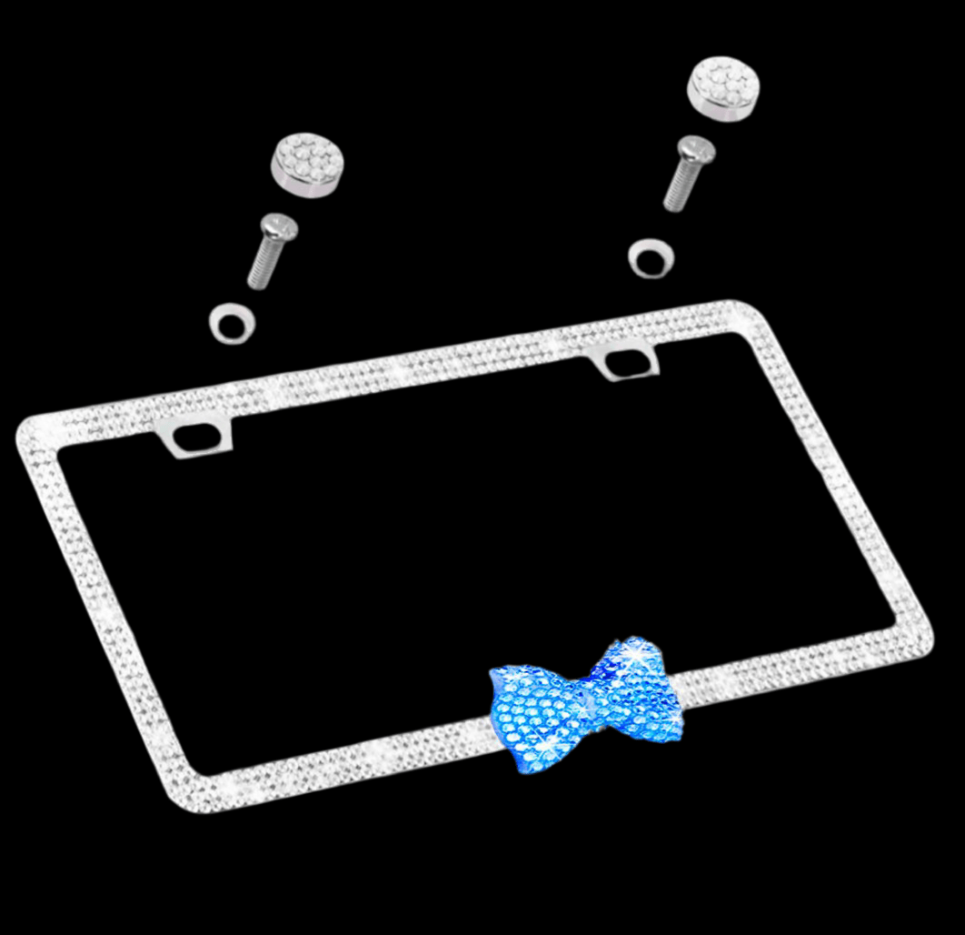 Silver LICENSE PLATE frame DIAMONDS WITH BOW blue - Fashion Car ®