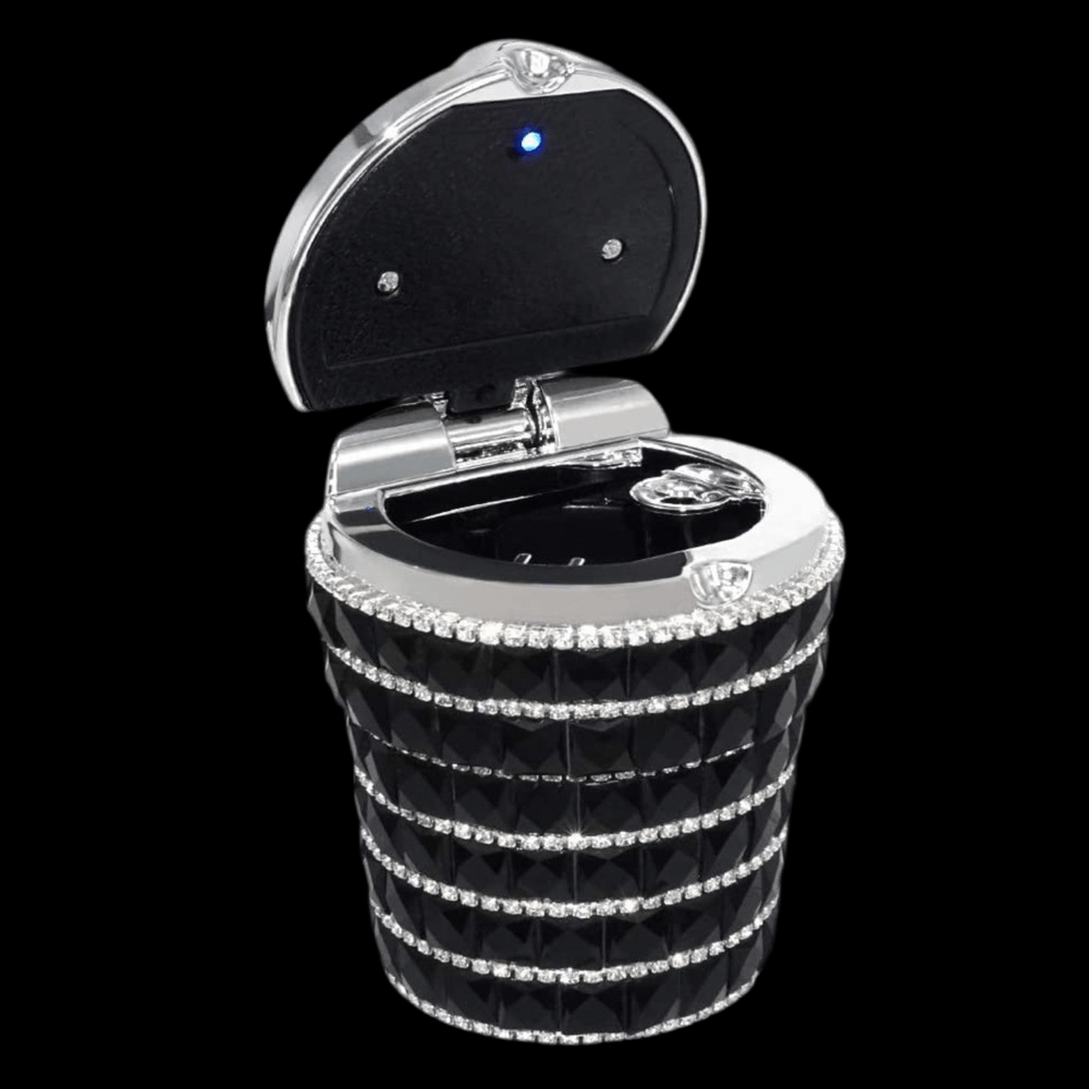 Smell Proof Crystal Diamond Car Ashtray with Lid Blue Led Light Bling Portable Mini Trash Can for Car Cylinder Cup Holder - Fashion Car ®
