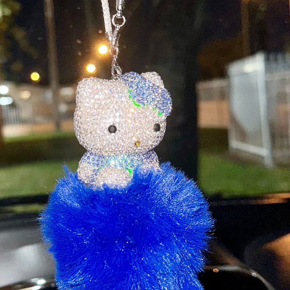 Ultra Bling Kitty Rearview Accessory Shiny Rhinestone Especially Bling Universal Diamond Blue - Fashion Car Inc