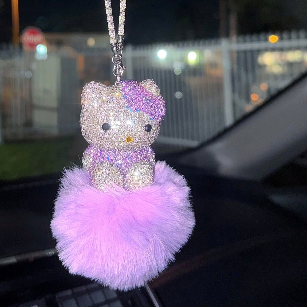 Ultra Bling Kitty Rearview Accessory Shiny Rhinestone Especially Bling Universal Diamond Purple - Fashion Car Inc