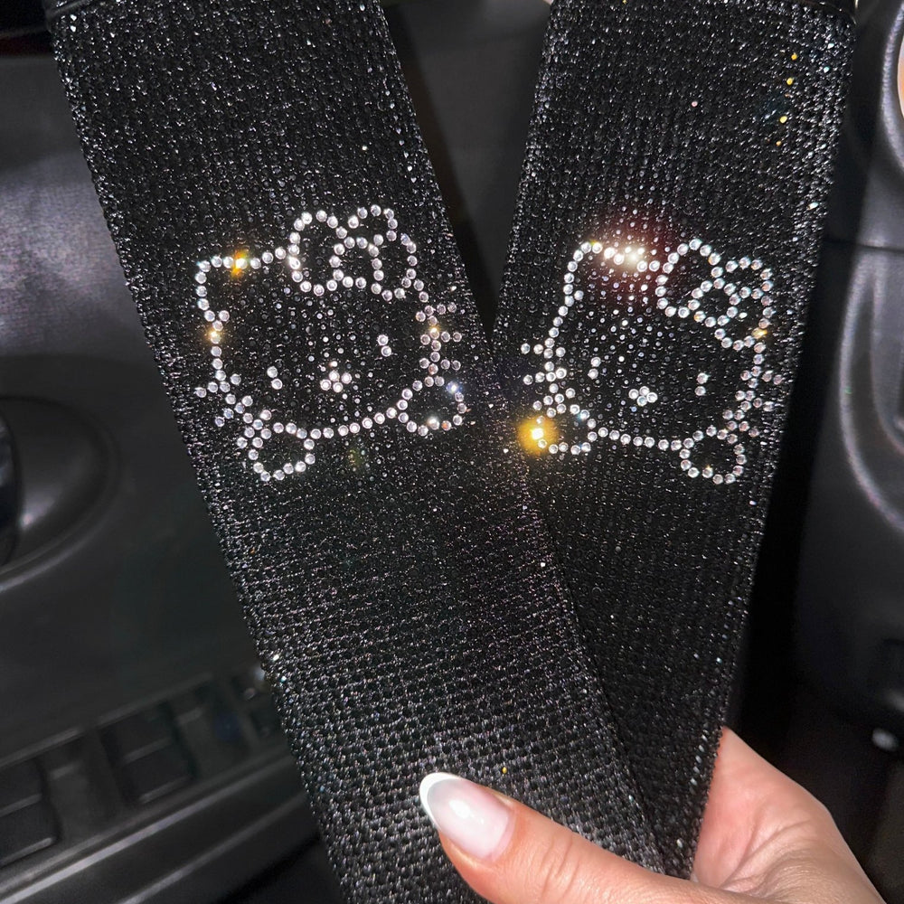 ULTRA BLING SEAT BELTS 2PACK BLING SEAT BELT COVER FOR WOMEN, SOFT VELVET & DIAMONDS DESIGN GLITTER RHINESTONE CAR SEAT BELT STRAP COVER SHOULDER PAD (BLACK SILVER CAT) - Fashion Car Inc