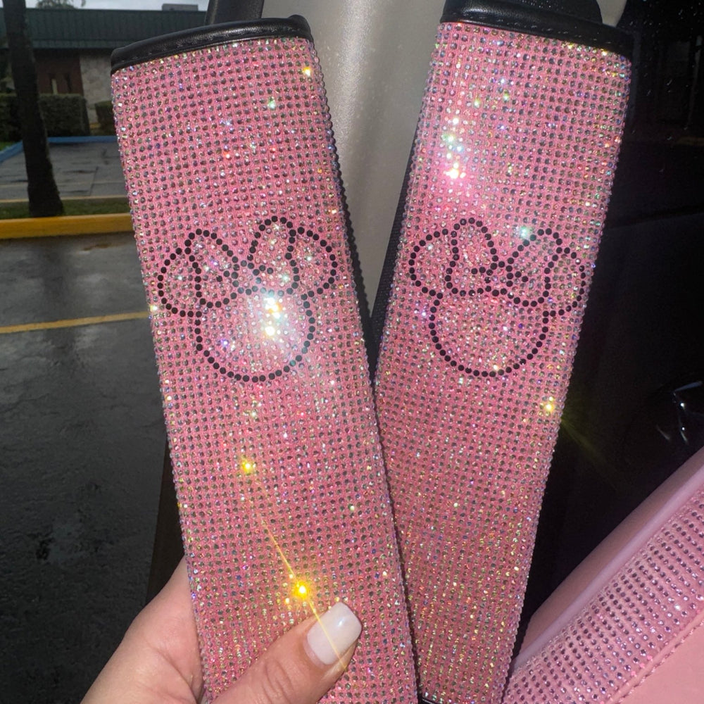 ULTRA BLING SEAT BELTS 2PACK COVER, SOFT VELVET & DIAMONDS DESIGN BRIGHT RHINESTONE CAR SEAT BELT STRAP COVER SHOULDER PAD MINNIE (PINK) - Fashion Car ®