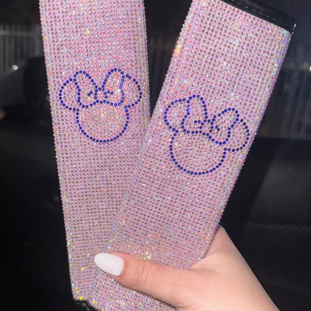 ULTRA BLING SEAT BELTS 2PACK COVER, SOFT VELVET & DIAMONDS DESIGN BRIGHT RHINESTONE CAR SEAT BELT STRAP COVER SHOULDER PAD MINNIE (PURPLE) - Fashion Car ®