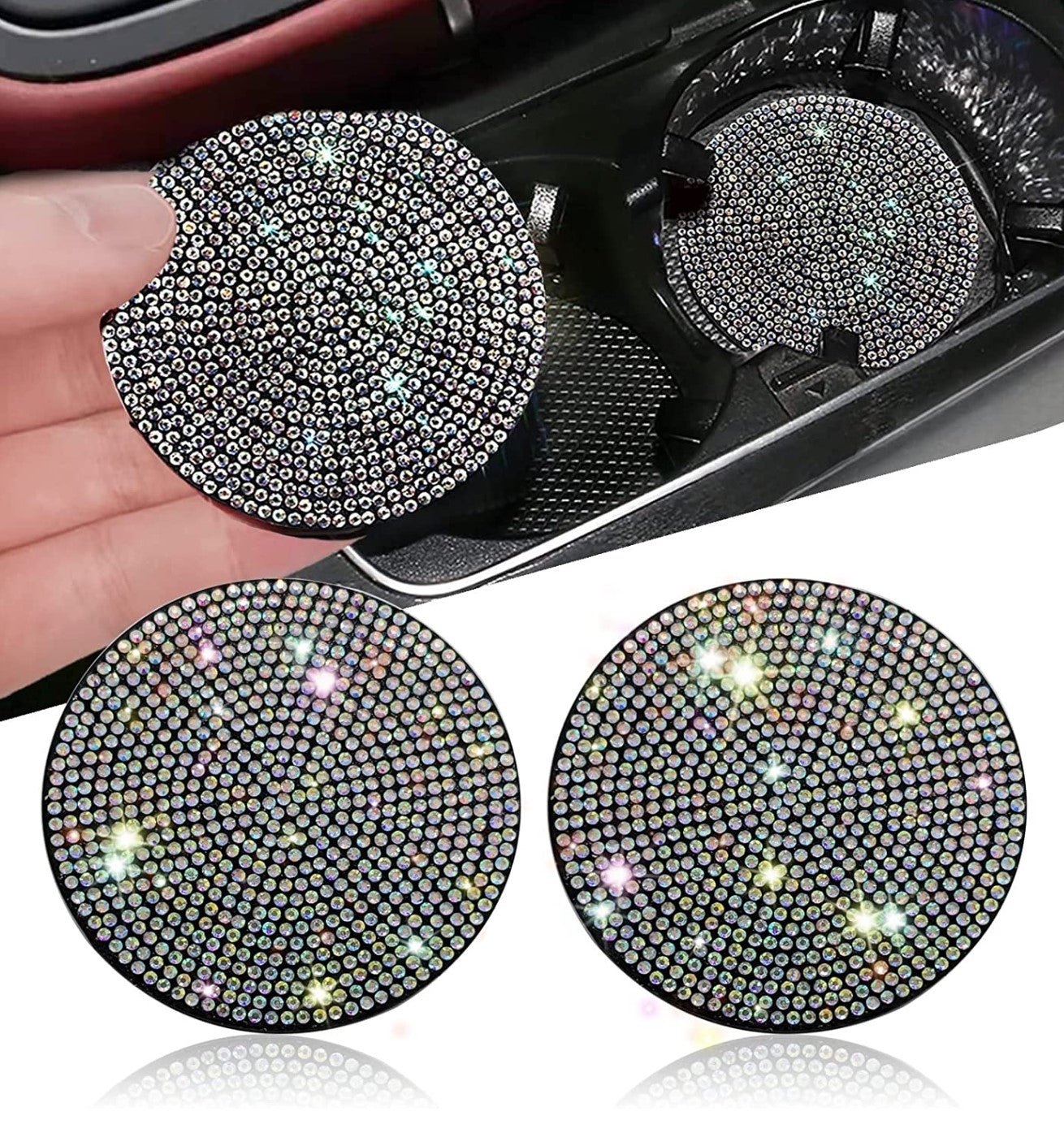 2pcs Bling Car Cup Holder Coaster, 2.75 inch Anti-Slip Shockproof Universal Fashion Vehicle Car Coasters Insert Rhinestone Auto Automotive Interior Accessories for Women (2 pcs, Colorful) - Fashion Car Inc