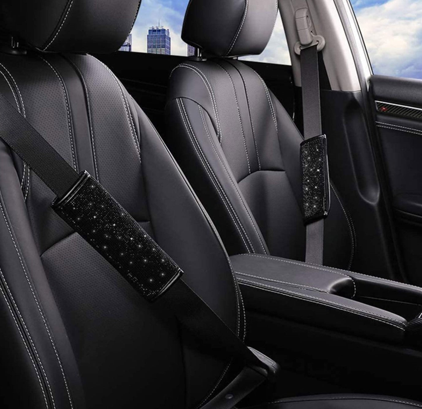 2pcs/Set Crystal Diamond Car Seat Belt Shoulder Pads - Rhinestone Leather Handcraft Seatbelt Cover Bling Bling Car Accessories for Women, Lady - Universal Fit（Black Diamonds） - Fashion Car Inc