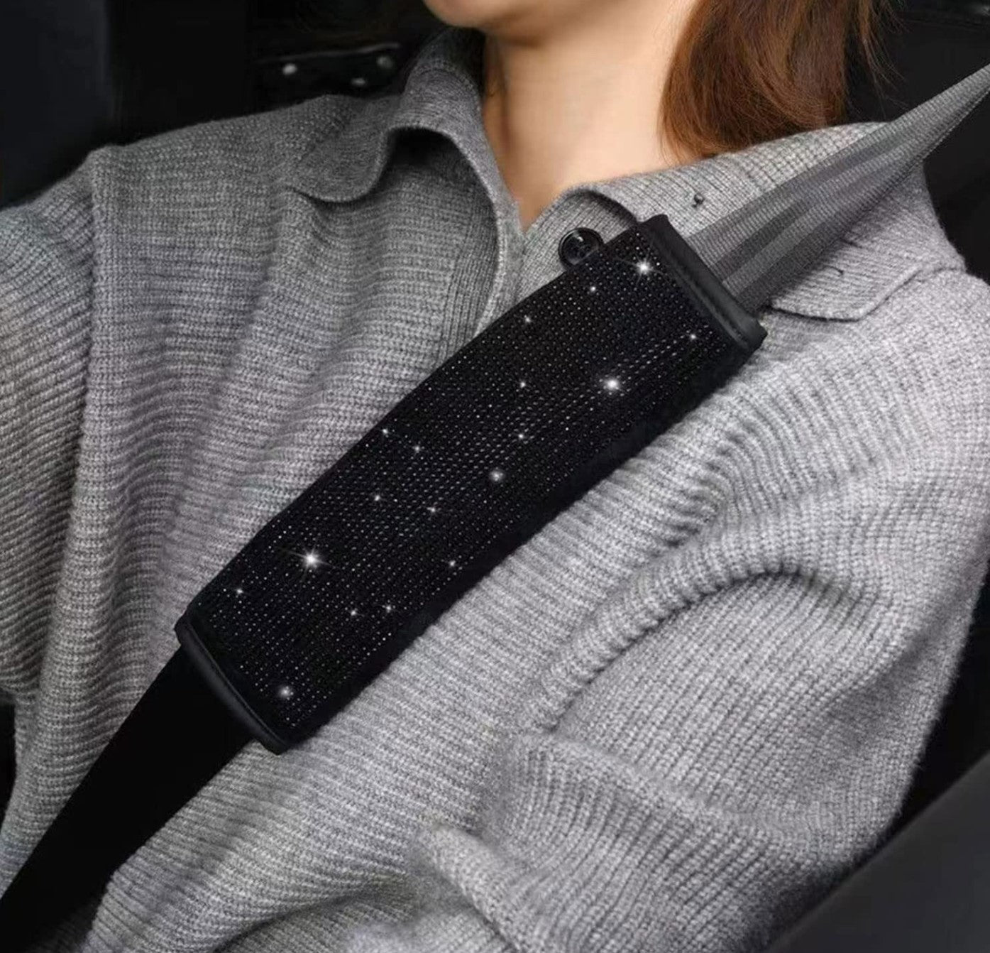 2pcs/Set Crystal Diamond Car Seat Belt Shoulder Pads - Rhinestone Leather Handcraft Seatbelt Cover Bling Bling Car Accessories for Women, Lady - Universal Fit（Black Diamonds） - Fashion Car Inc