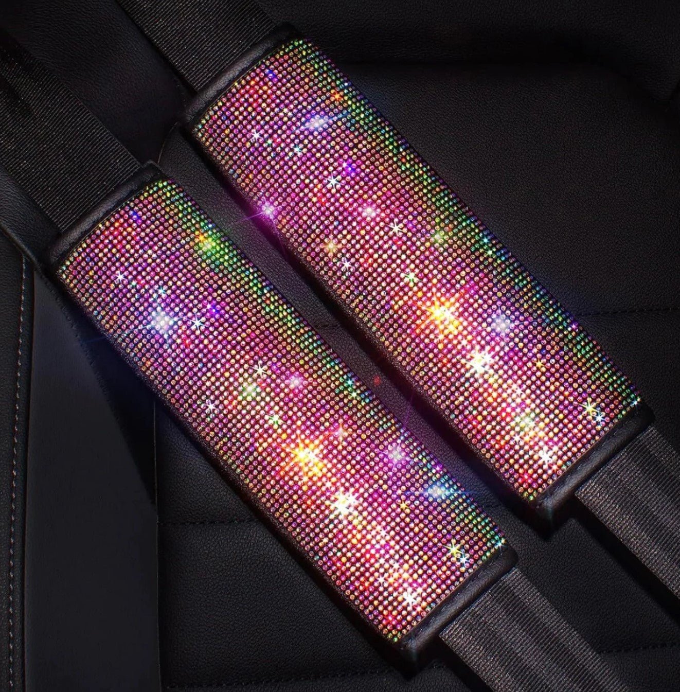 2pcs/Set Crystal Diamond Car Seat Belt Shoulder Pads - Rhinestone Leather Handcraft Seatbelt Cover Bling Bling Car Accessories for Women, Lady - Universal Fit(Small Colorful Diamond) - Fashion Car Inc