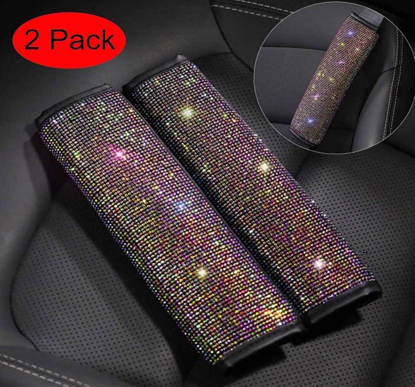 2pcs/Set Crystal Diamond Car Seat Belt Shoulder Pads - Rhinestone Leather Handcraft Seatbelt Cover Bling Bling Car Accessories for Women, Lady - Universal Fit(Small Colorful Diamond) - Fashion Car Inc