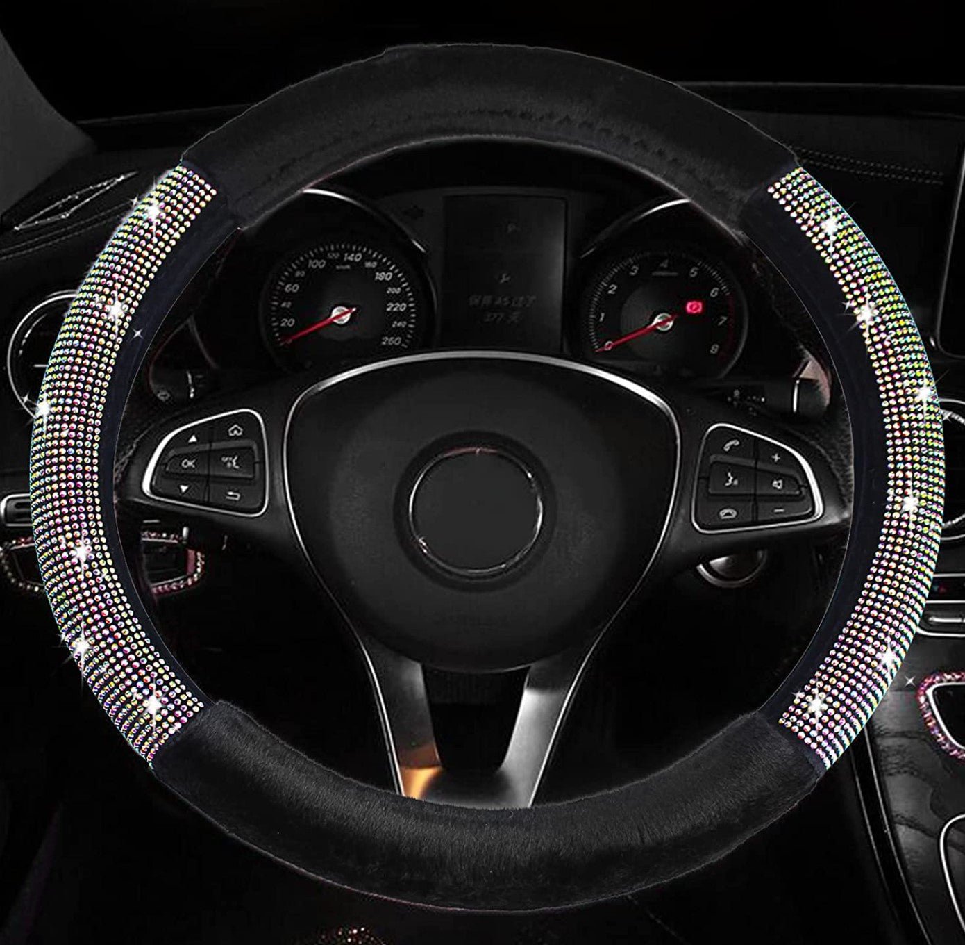 Black Fluffy Steering Wheel Cover for Men, Universal 15 Inch Bling Car Steering Wheel Cover, Soft Luxurious Faux Wool with Non-Slip Rhinestone Car Accessories for Ladies Men (Black & Colorful) - Fashion Car Inc