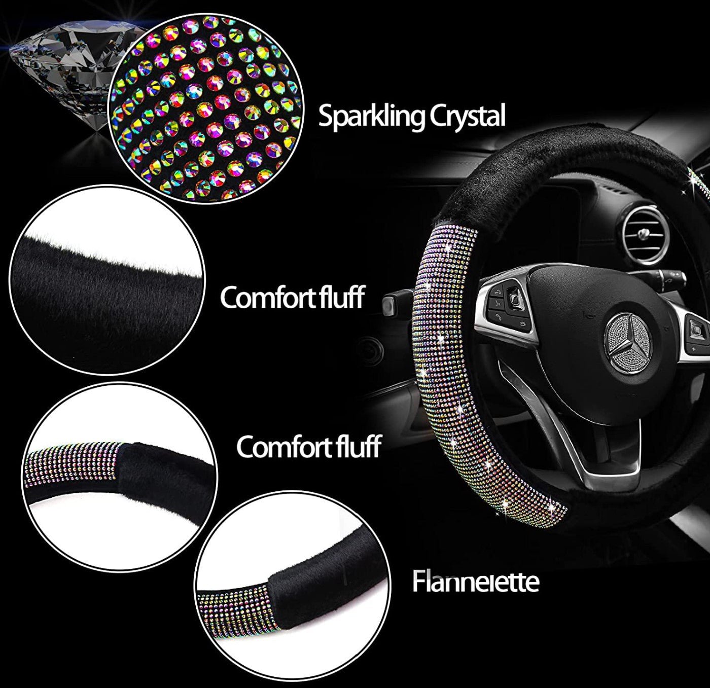 Black Fluffy Steering Wheel Cover for Men, Universal 15 Inch Bling Car Steering Wheel Cover, Soft Luxurious Faux Wool with Non-Slip Rhinestone Car Accessories for Ladies Men (Black & Colorful) - Fashion Car Inc