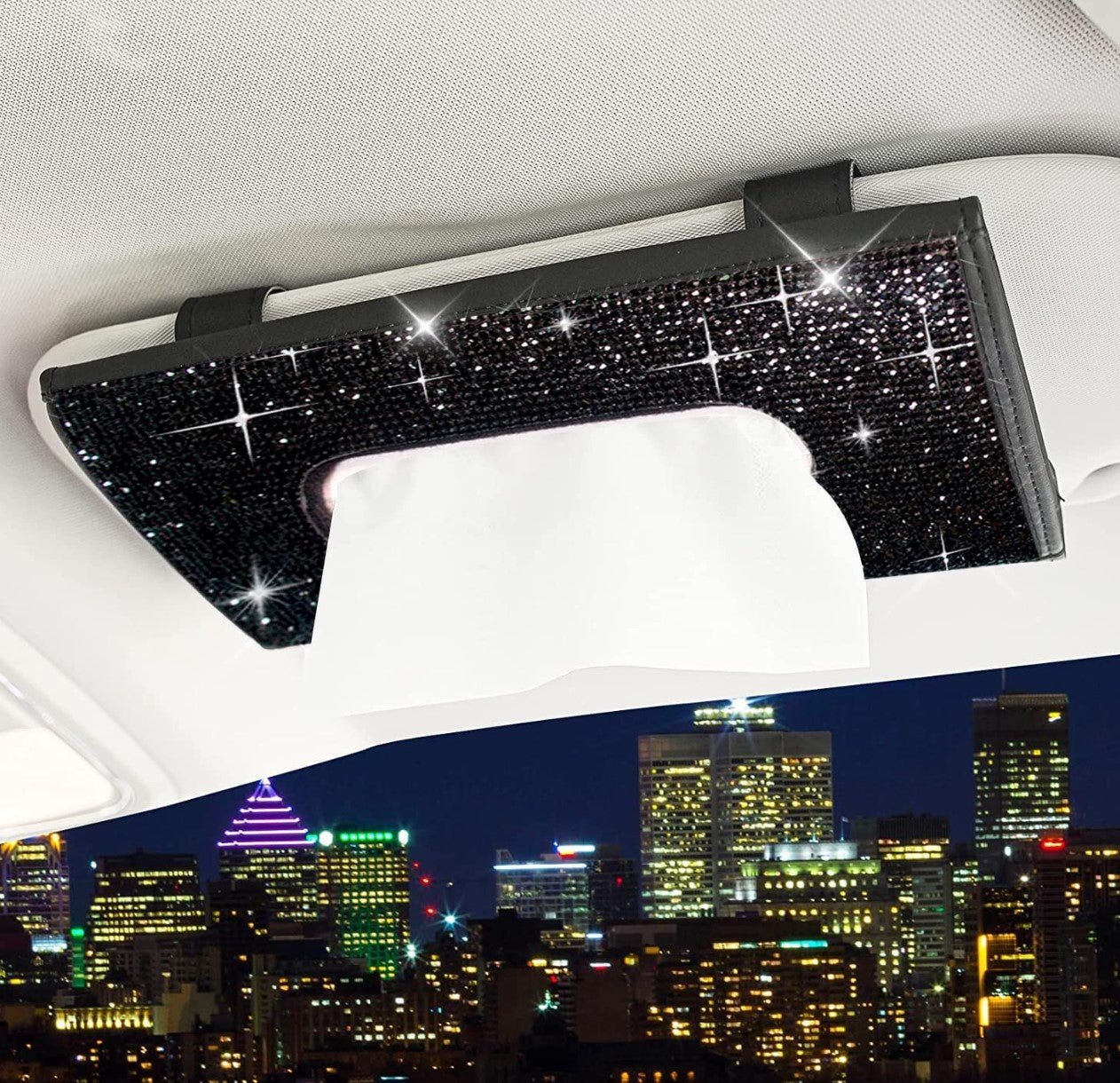 Bling Bling Car Sun Visor Tissue Box Holder, Leather Crystals Auto Interior Accessories Paper Towel Cover Case for Ladies Girls (Black) - Fashion Car Inc