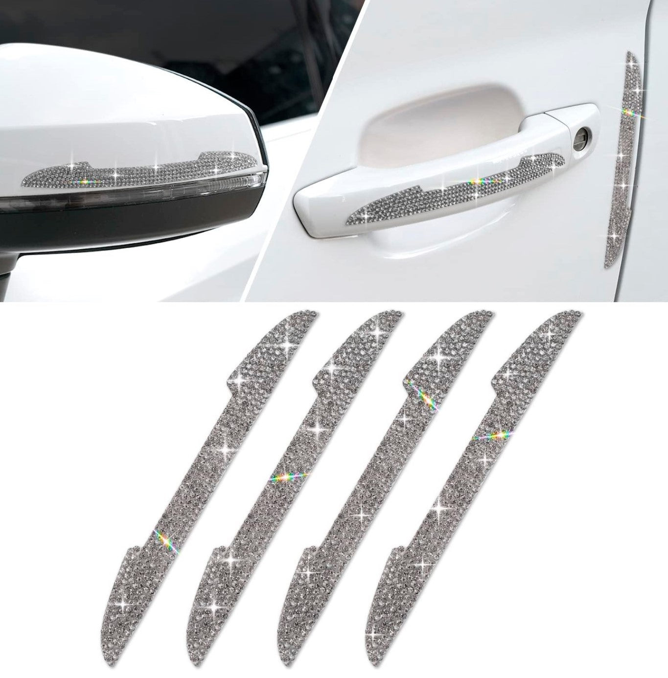 Bling Car Door Handle Protector, Universal Rhinestone Reflective Stickers for All Cars, Vehicles, SUVs, Automotive Exterior Accessories for Side Rearview Mirror, Door Edge Guard (Gray) - Fashion Car Inc