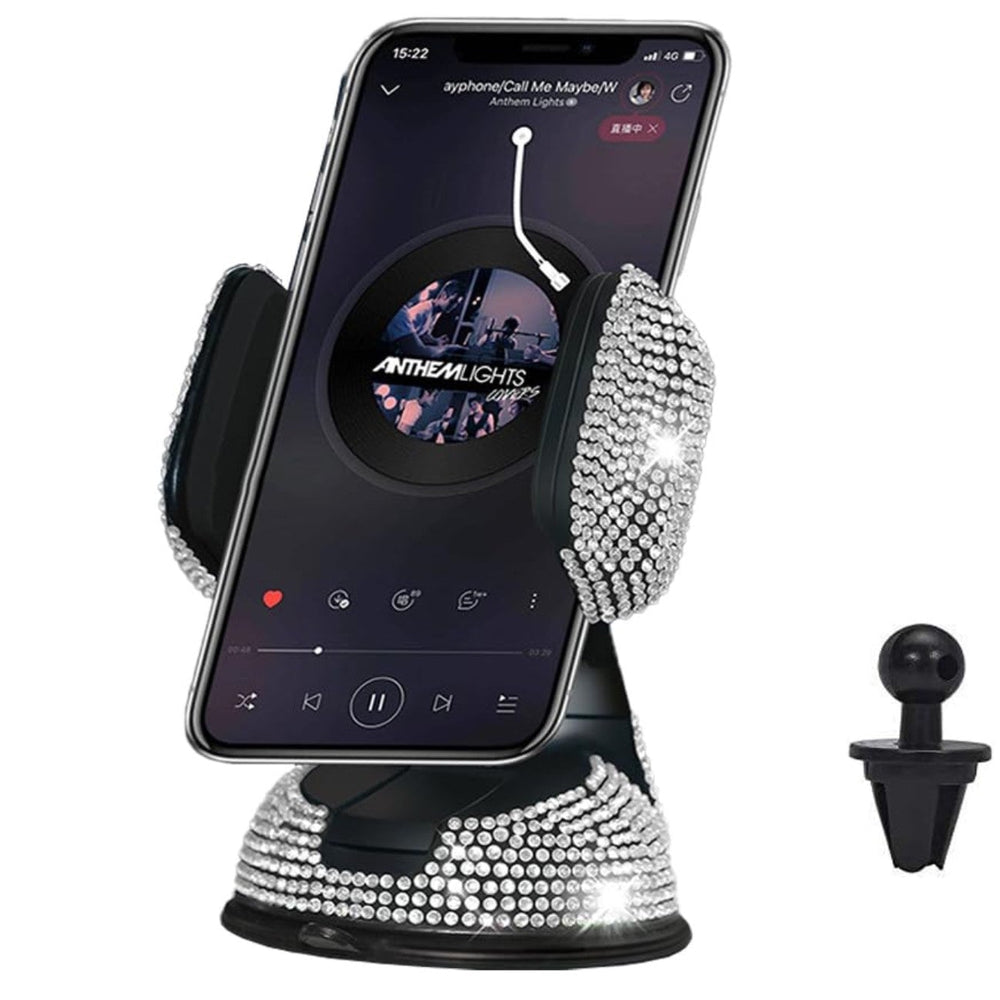 Bling Car Phone Holder, 360°[Adjustable & Stable] Crystal Universal Phone Mount for Car, Windshield Dashboard Air Vent Car Stand Phone Holder, (White) - Fashion Car Inc