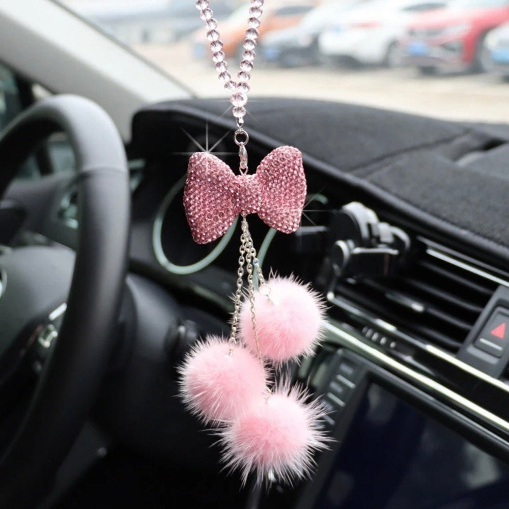 Bling Car Rear View Mirror Hanging Accessories for Women, Rhinestone Diamond Bowknot, Imitation Pearl and Pink Plush Ball Car Rearview Mirror Charms, Lucky Ornament Pendant - Pink - Fashion Car Inc
