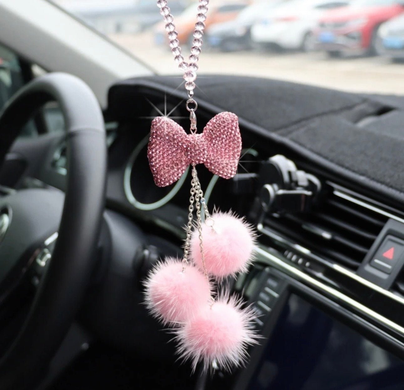 Bling Car Rear View Mirror Hanging Accessories for Women, Rhinestone Diamond Bowknot, Imitation Pearl and Pink Plush Ball Car Rearview Mirror Charms, Lucky Ornament Pendant - Pink - Fashion Car Inc