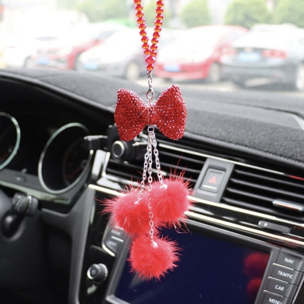 Bling Car Rear View Mirror Hanging Accessories for Women, Rhinestone Diamond Bowknot, Imitation Pearl and Pink Plush Ball Car Rearview Mirror Charms, Lucky Ornament Pendant - Fashion Car Inc