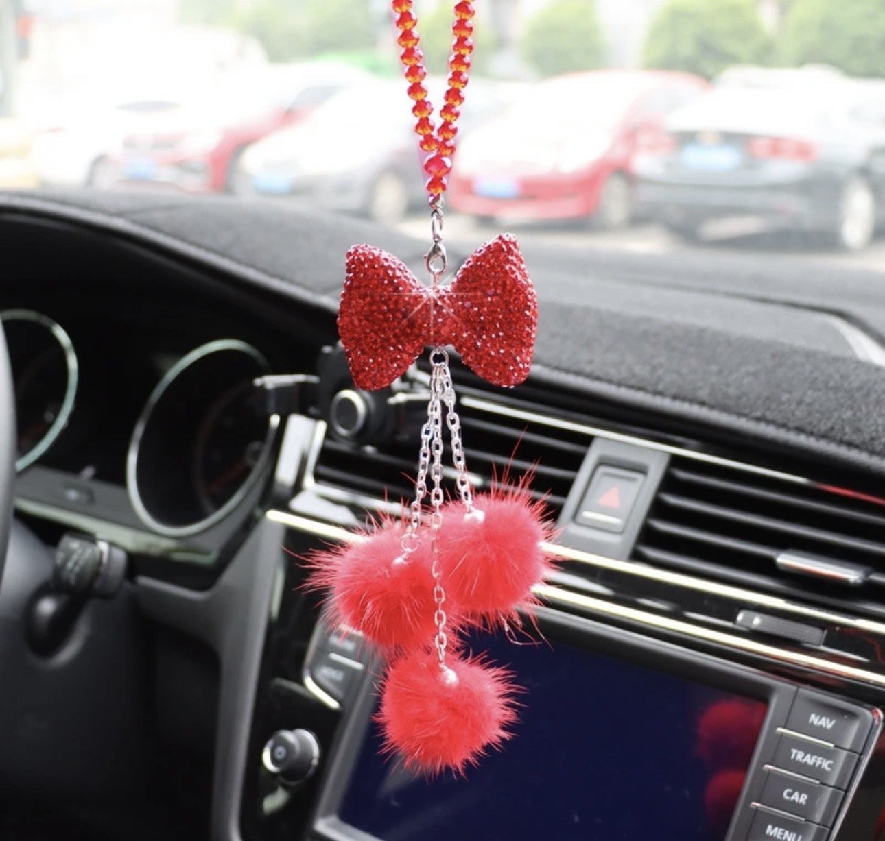 Bling Car Rear View Mirror Hanging Accessories for Women, Rhinestone Diamond Bowknot, Imitation Pearl and Pink Plush Ball Car Rearview Mirror Charms, Lucky Ornament Pendant - Fashion Car Inc
