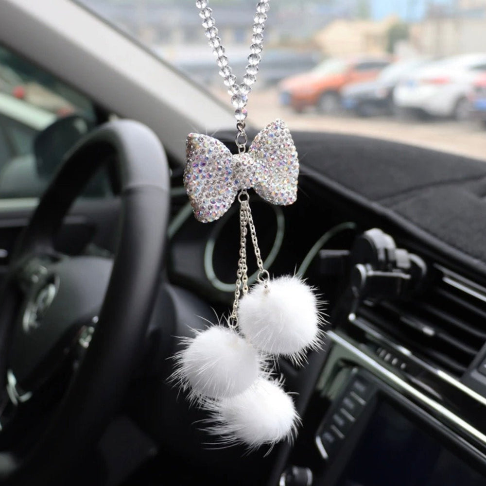 Bling Car Rear View Mirror Hanging Accessories for Women, Rhinestone Diamond Bowknot, Imitation Pearl and Plush Ball Car Rearview Mirror Charms, Lucky Ornament Pendant - Fashion Car Inc