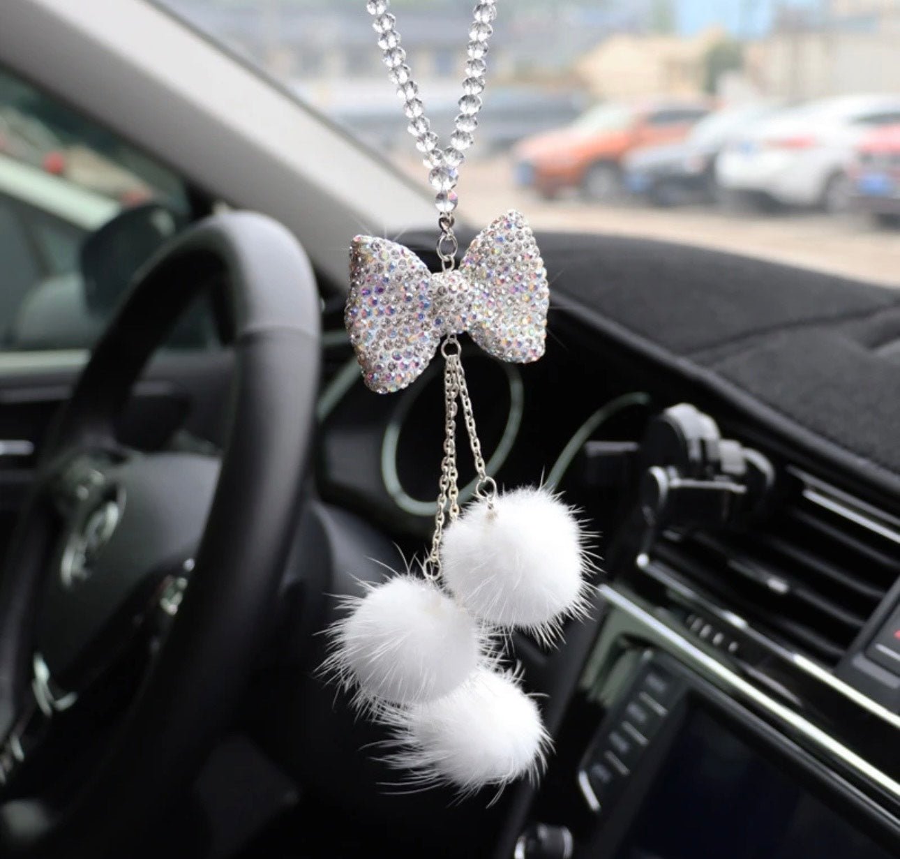 Bling Car Rear View Mirror Hanging Accessories for Women, Rhinestone Diamond Bowknot, Imitation Pearl and Plush Ball Car Rearview Mirror Charms, Lucky Ornament Pendant - Fashion Car Inc