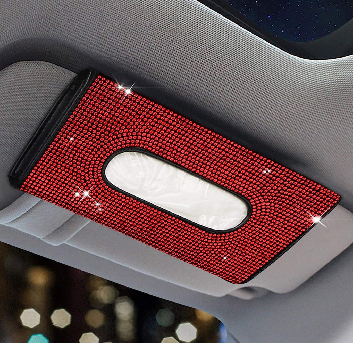 Bling Car Visor Tissue Holder | Black Tissue Box Holder for Car | Bling Mask Holder for Car | Sparkling Car Sun Visor Napkin Holder | Bling Car Accessories for Women (Red) - Fashion Car Inc
