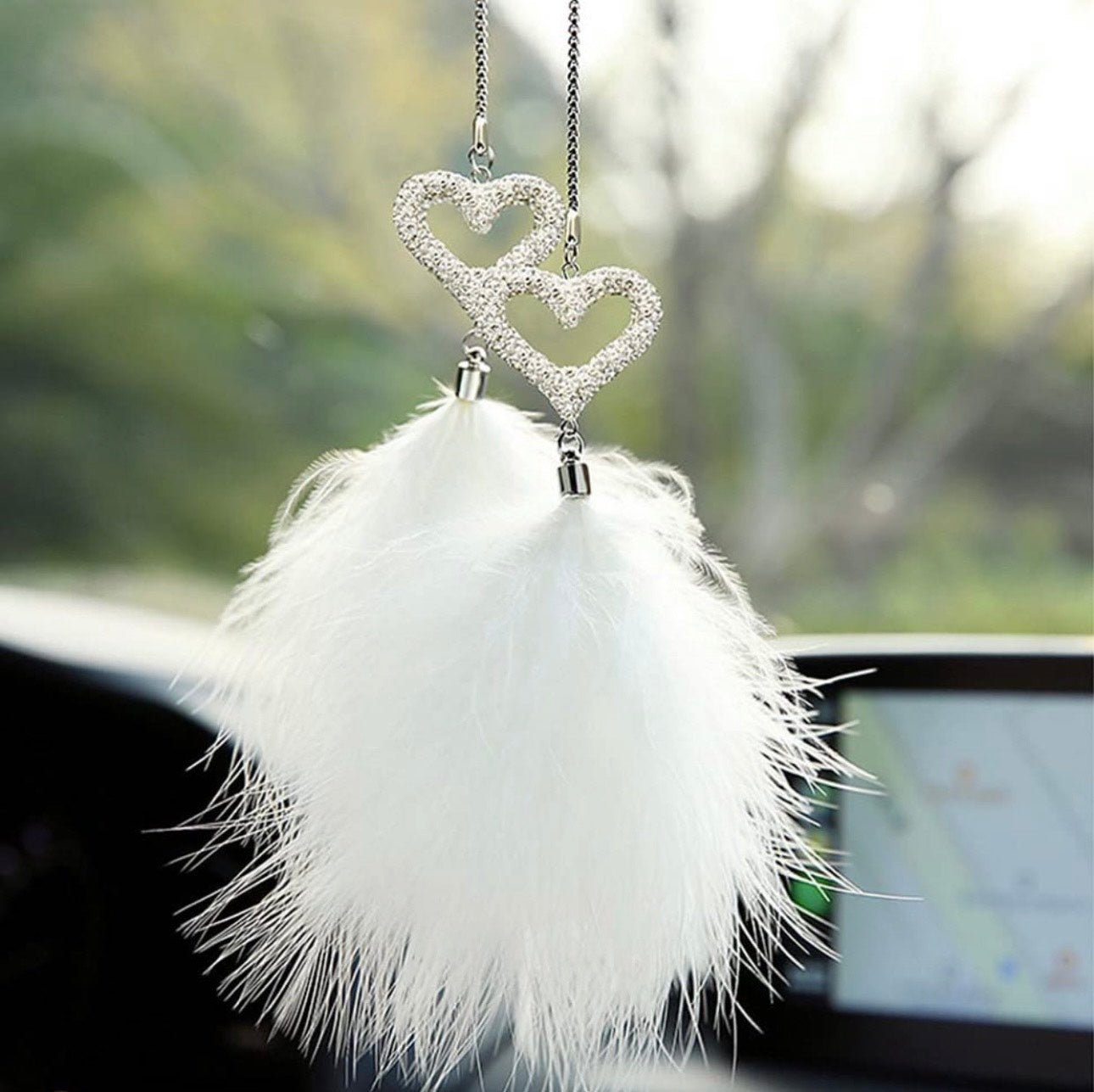 Bling Diamond Heart Car Interior Accessories, Car Mirror Hanging Ornament for Women, Love Heart & Pink Plush Ball Decor Ornament Pendant - Fashion Car Inc