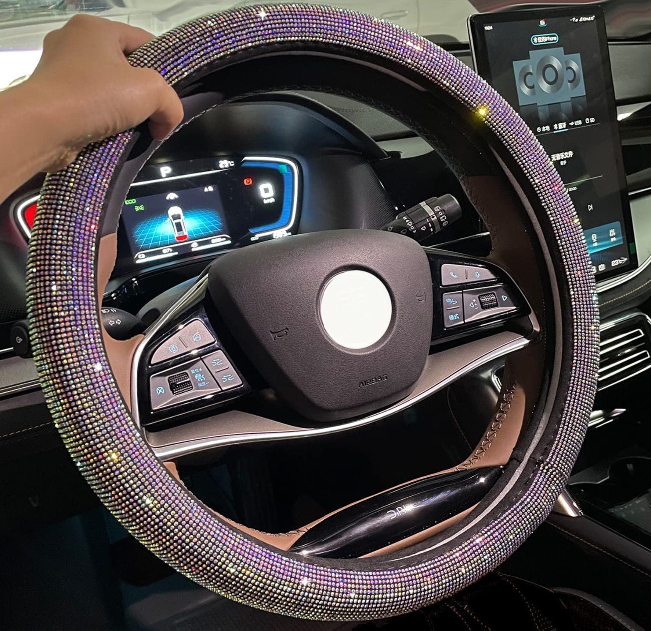 Car Bling Steering Wheel Cover for Women Girls 15 Inch Universal Colorful Crystal Rhinestone Diamond Rainbow Bling Accessories Anti Slip Wheel Protector Sparkling - Fashion Car Inc