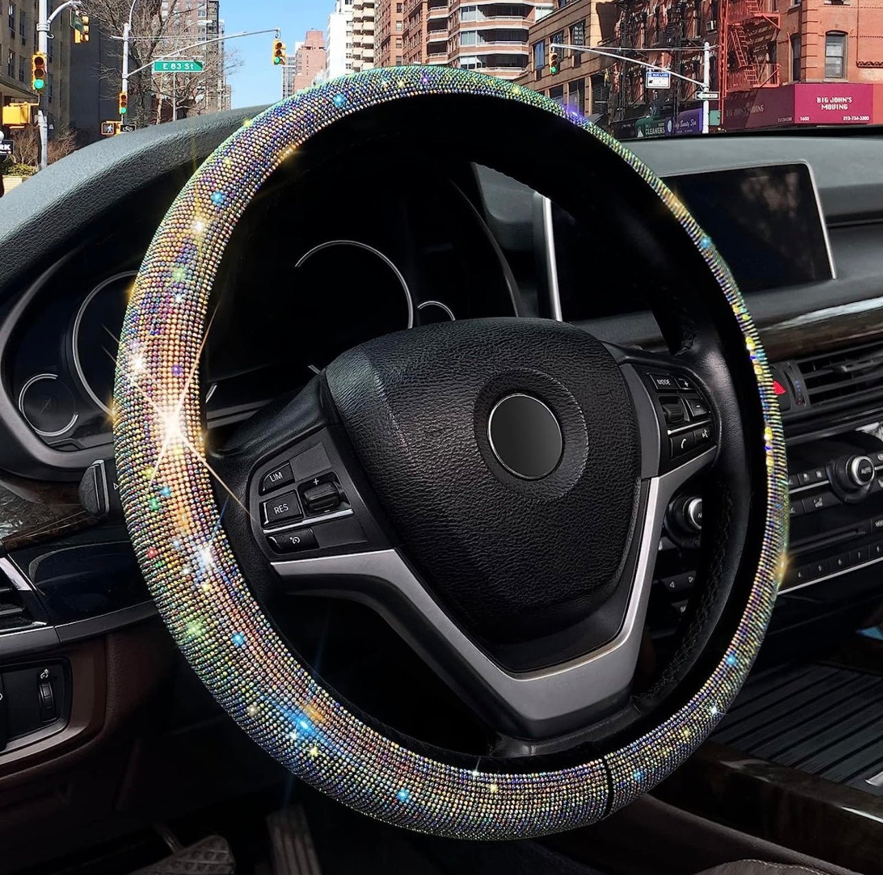 Car Bling Steering Wheel Cover for Women Girls 15 Inch Universal Colorful Crystal Rhinestone Diamond Rainbow Bling Accessories Anti Slip Wheel Protector Sparkling - Fashion Car Inc