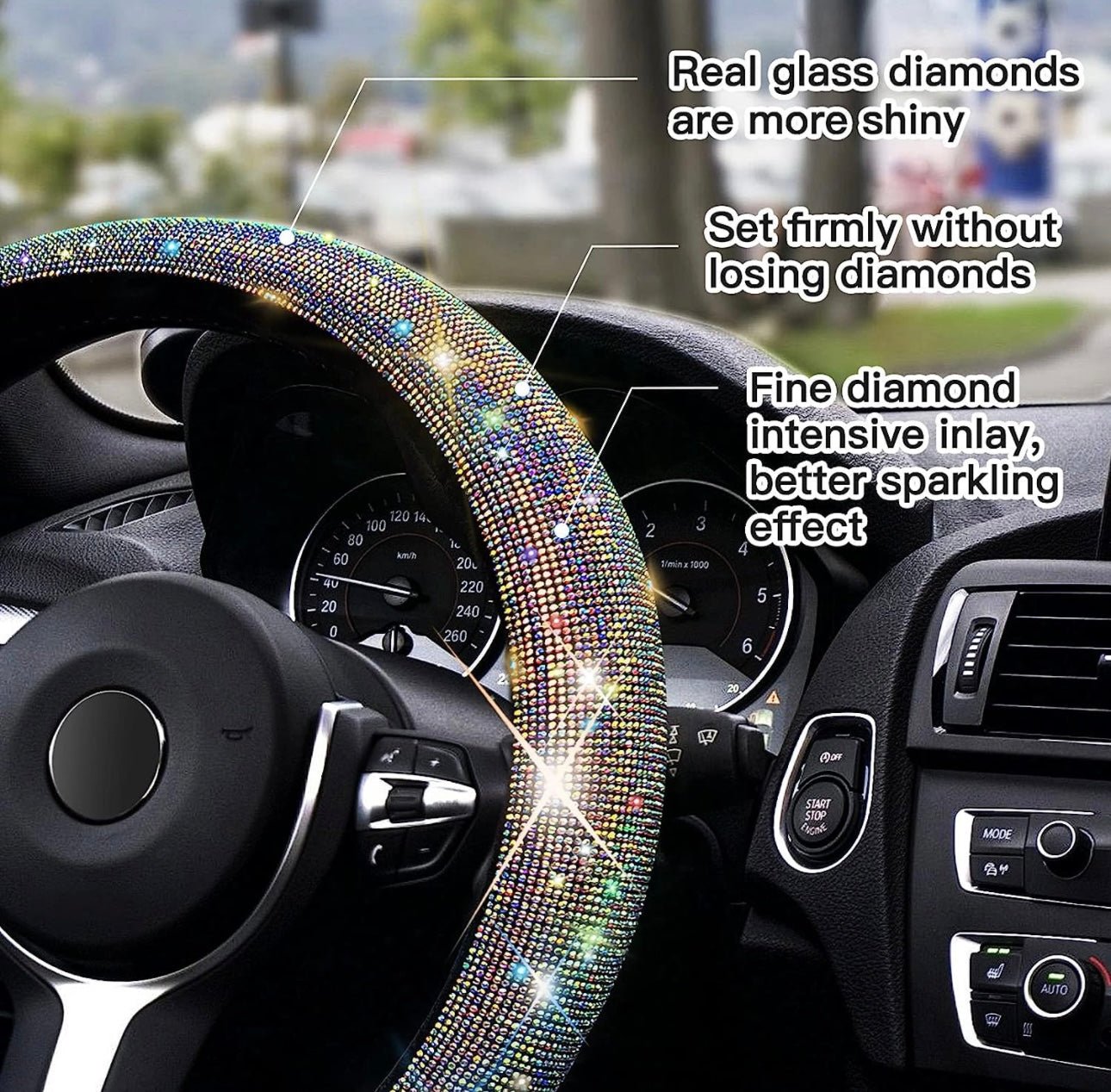 Car Bling Steering Wheel Cover for Women Girls 15 Inch Universal Colorful Crystal Rhinestone Diamond Rainbow Bling Accessories Anti Slip Wheel Protector Sparkling - Fashion Car Inc