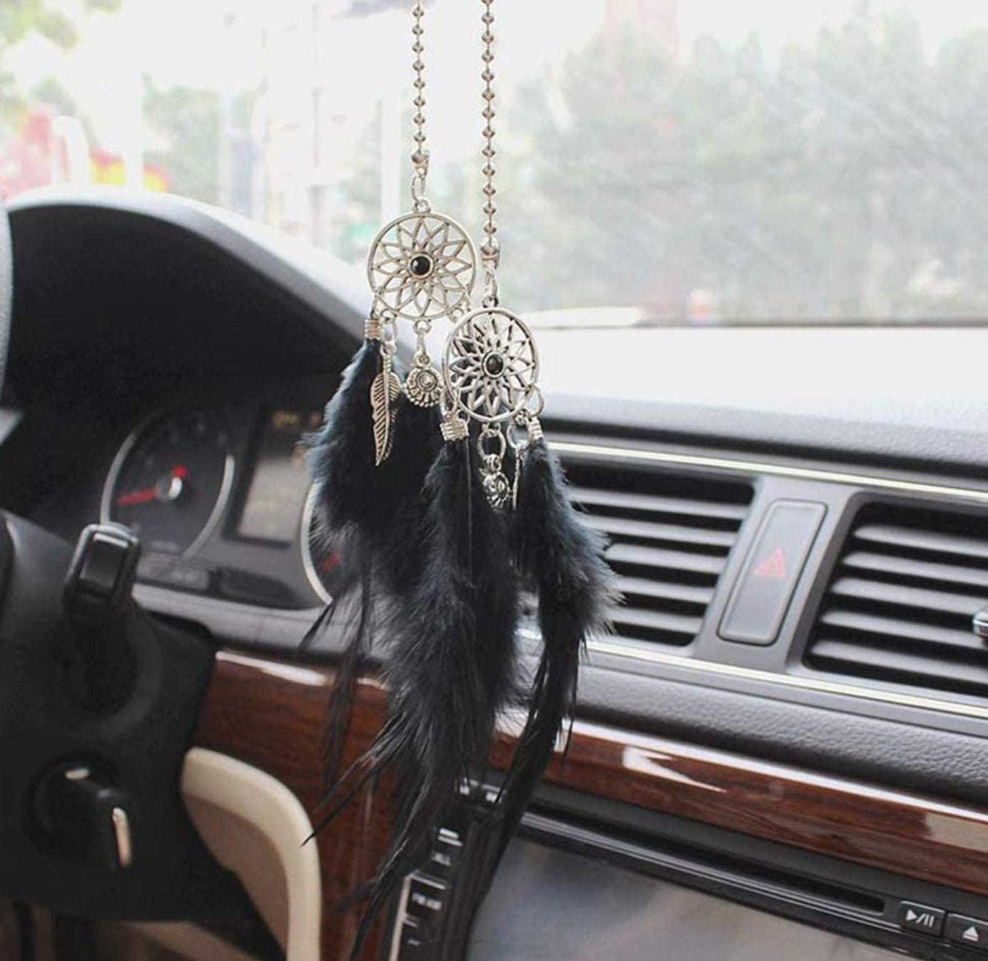 Car Rear View Mirror Hanging Pendant, Feather Dream Catcher Crystal Charm Bling Car Deco Accessories for Women (Black) - Fashion Car Inc